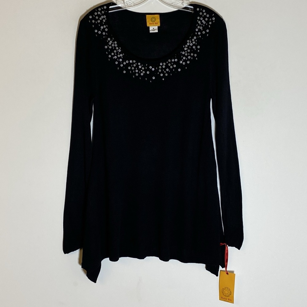 Ruby Rd. Sweater Womens Medium Black Beaded Long Sleeve Lightweight Scoop Neck M